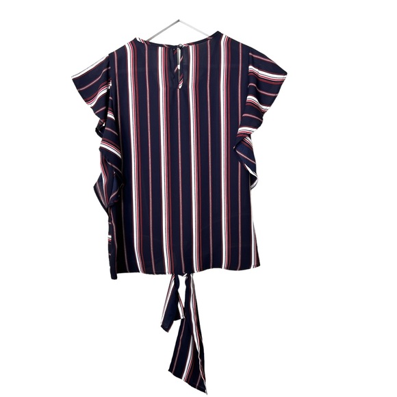 MONTEAU Striped Flutter Sleeve Front Bow Tie Blouse Navy Blue Red White Sz M - Picture 6 of 9